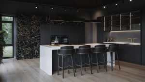 A dark marble effect kitchen using The Kitchen Depot's Linea range.