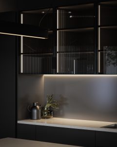 A dark marble effect kitchen using The Kitchen Depot's Linea range.