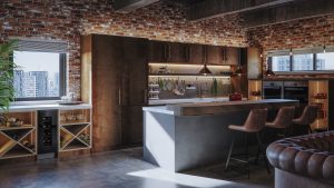 A modern industrial style kitchen from The Kitchen Depot in the Linea range. The doors feature a metal effect Bronze Oxide decor and a Factory Concrete island.