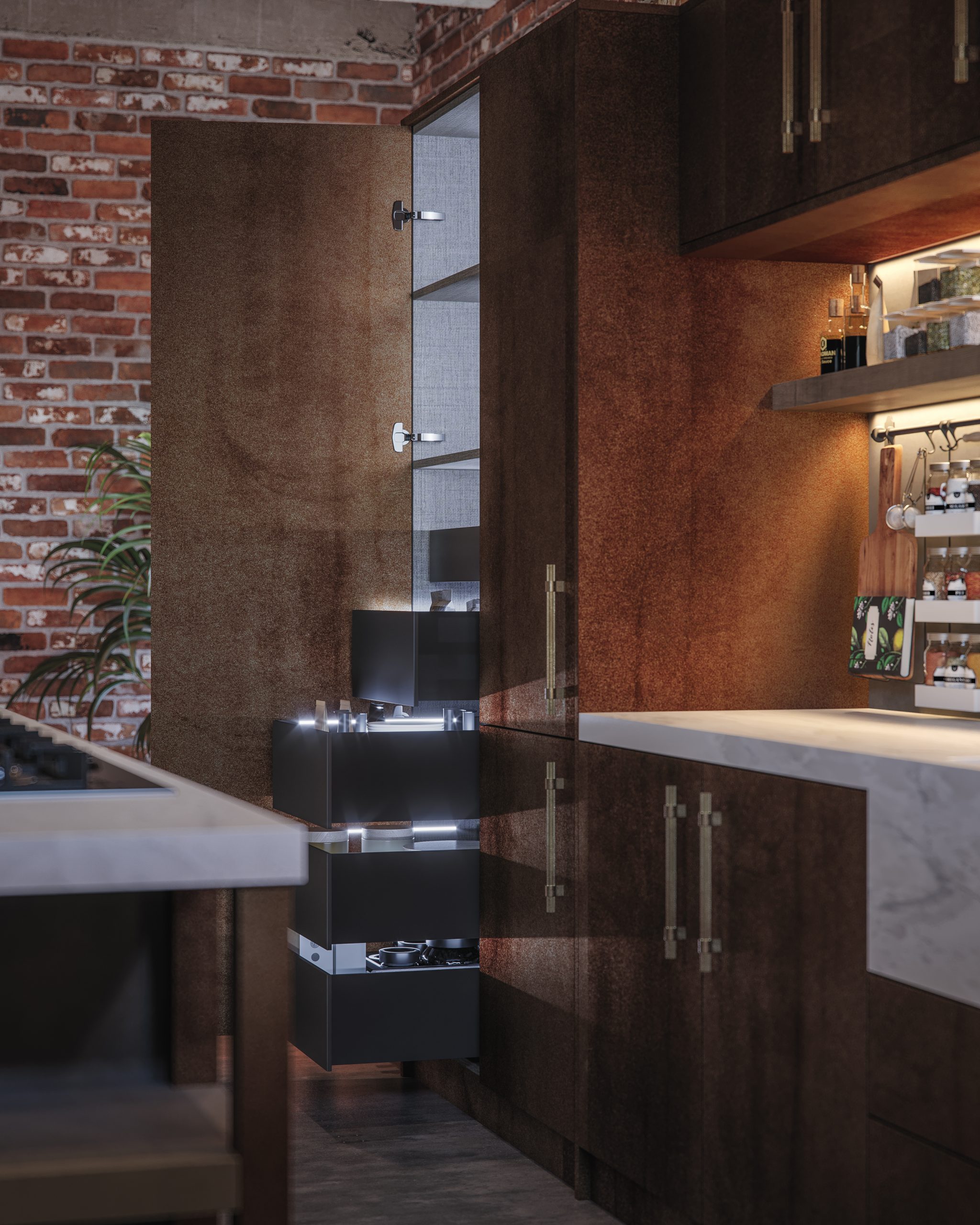 A modern industrial style kitchen from The Kitchen Depot in the Linea range. The doors feature a metal effect Bronze Oxide decor and a Factory Concrete island.