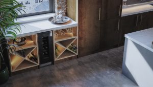 A modern industrial style kitchen from The Kitchen Depot in the Linea range. The doors feature a metal effect Bronze Oxide decor and a Factory Concrete island.