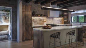 A country cottage style kitchen from The Kitchen Depot using the Walnut Chalet Oak decor.