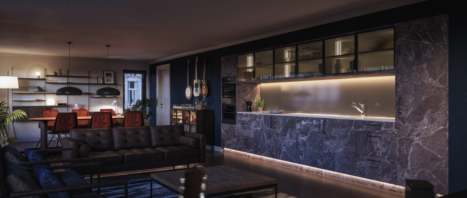Marble effect kitchen door in a masculine open plan kitchen dining room space using The Kitchen Depot's Marquina Marble from the Linea range.