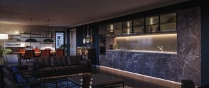 Marble effect kitchen door in a masculine open plan kitchen dining room space using The Kitchen Depot's Marquina Marble from the Linea range.
