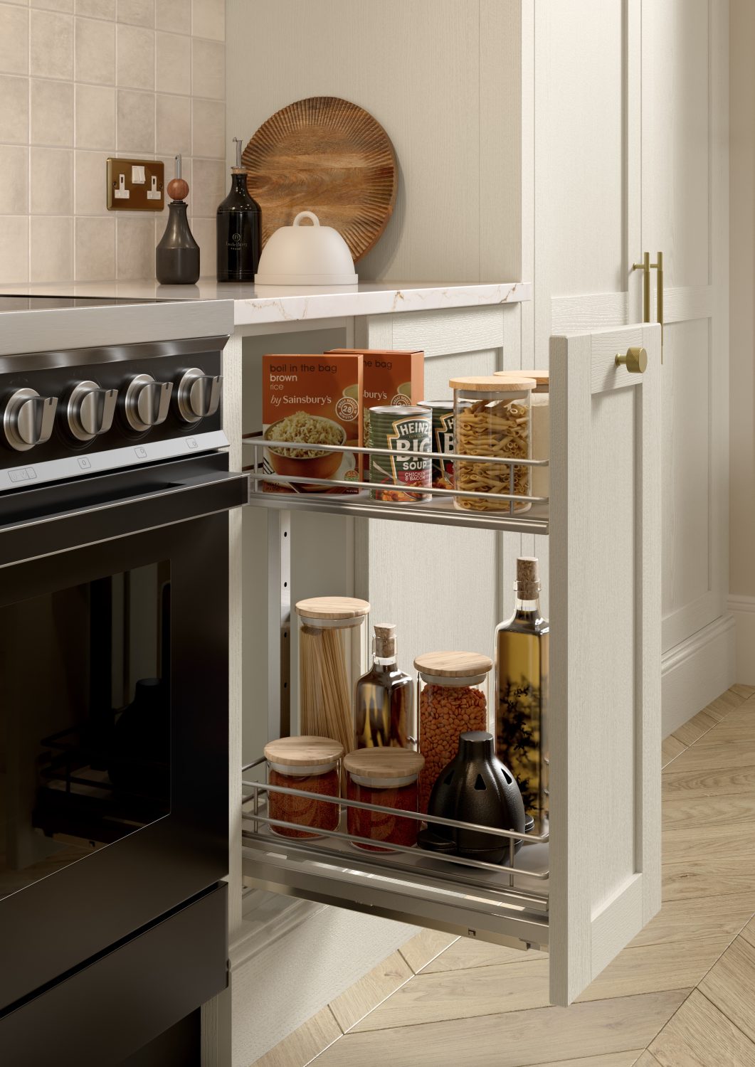 Smaller pull out storage in The Kitchen Depot's Nola shaker kitchen in Taupe Grey.